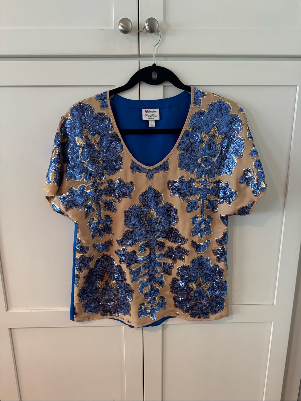 Target x Tracy Reese Blue Sequin Embellished Short Sleeve Top